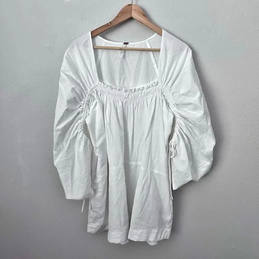 FREE PEOPLE | Brynn Puff Balloon Sleeve White Tunic Top 100% Cotton |‎ Small